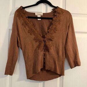 Mainbocher‎ Silk Blend Cardigan Brown Medium Lace Trim Romantic Work Office